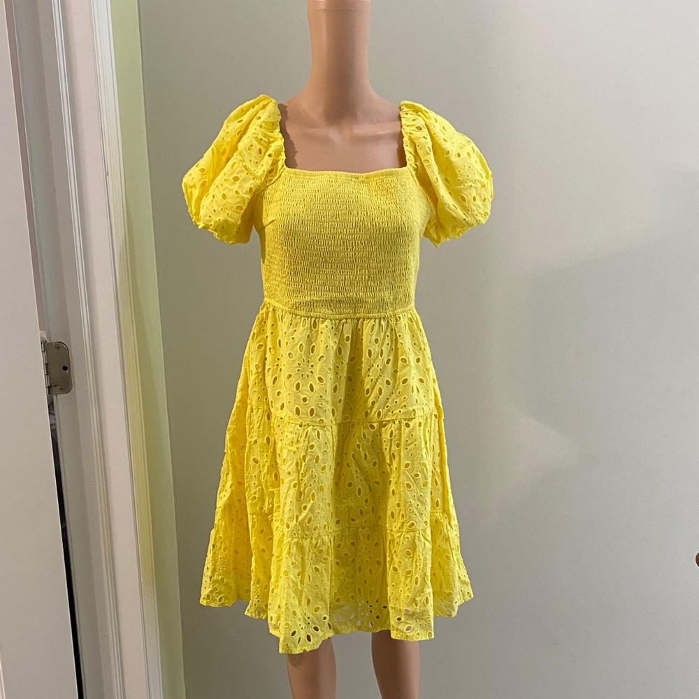 Yellow Eyelet Puff Sleeve Dress